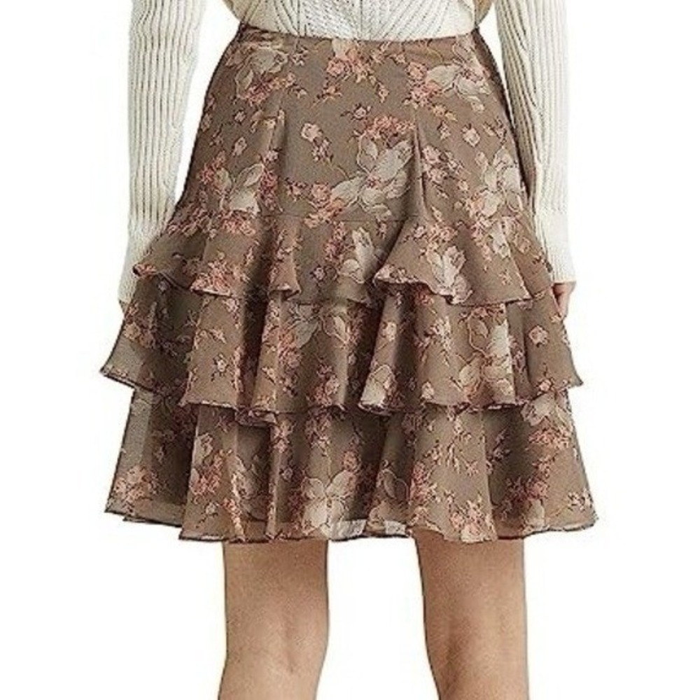 Ralph Lauren‎ Floral Crinkle Georgette Ruffle Brown Mini Skirt 4 Romantic Femme